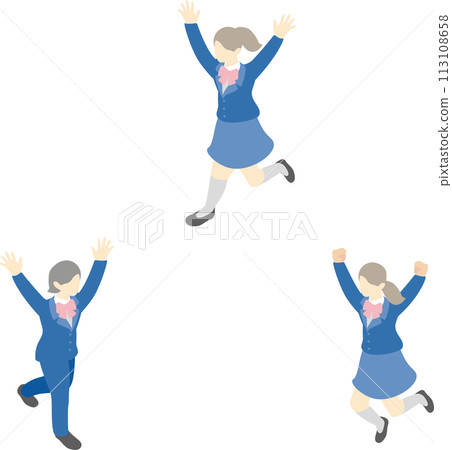 Isometric bird's-eye view people female students jumping happy diversity illustration material set Isometric bird's-eye view people female students jumping happy diversity illustration material set 113108658