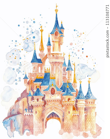 Watercolor Painting of a Castle With Turrets 113108771