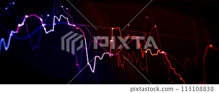 Technical price graph and indicator, red and green candlestick chart on blue theme screen, market volatility, up and down trend. Stock trading, crypto currency background. Technical price graph and indicator, red and green candlestick chart on blue theme screen, market volatility, up and down trend. Stock trading, crypto currency background. 113108838