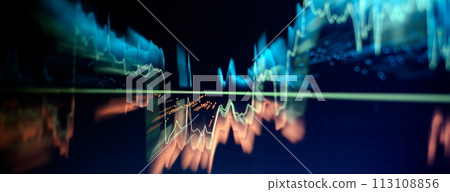 Technical price graph and indicator, red and green candlestick chart on blue theme screen, market volatility, up and down trend. Stock trading, crypto currency background. Technical price graph and indicator, red and green candlestick chart on blue theme screen, market volatility, up and down trend. Stock trading, crypto currency background. 113108856