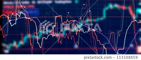 Technical price graph and indicator, red and green candlestick chart on blue theme screen, market volatility, up and down trend. Stock trading, crypto currency background. 113108859
