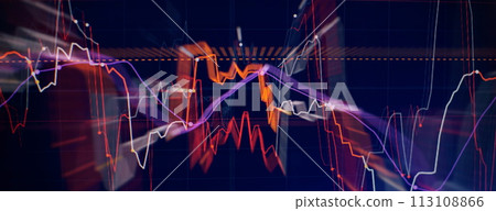 Technical price graph and indicator, red and green candlestick chart on blue theme screen, market volatility, up and down trend. Stock trading, crypto currency background. 113108866