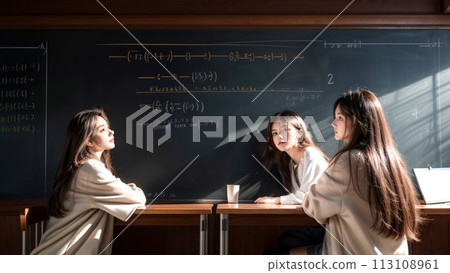 Female college student looking at the blackboard 113108961