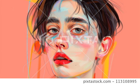 Fashion portrait of young beautiful woman with bright make-up. Street art graffiti style 113108995