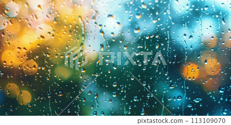 Rain drops on the window with bokeh background. Abstract background 113109070