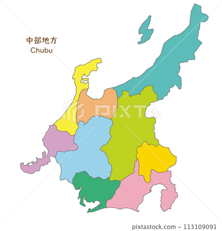 Colorful and bright map of the Chubu region and each prefecture in the Chubu region Colorful and bright map of the Chubu region and each prefecture in the Chubu region 113109091