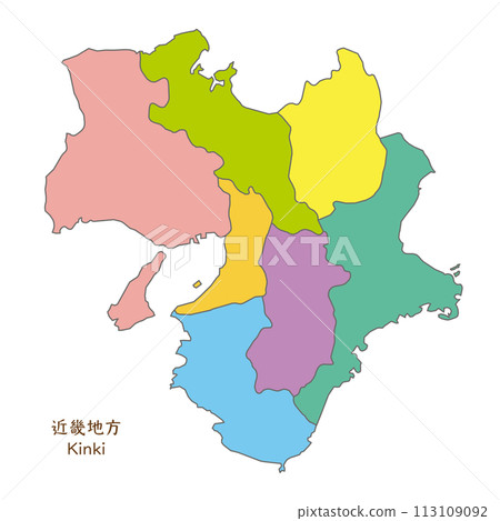 Colorful and bright map of the Kinki region and each prefecture in the Kinki region Colorful and bright map of the Kinki region and each prefecture in the Kinki region 113109092