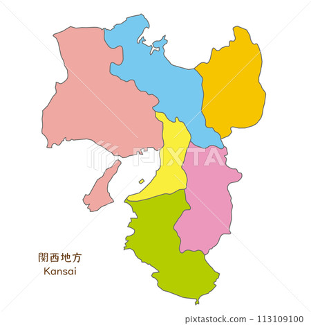 色彩鮮豔的關西地區地圖以及關西地區各縣 113109100