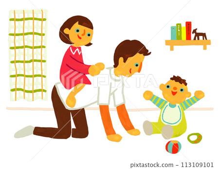 父親在客廳和孩子們玩耍，騎馬，帥哥，育嬰假 113109101