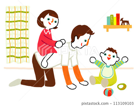 Father playing with children in the living room, horse rider, handsome man, childcare leave 113109103