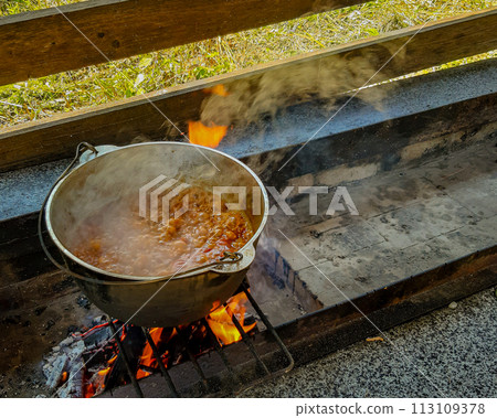 Cooking food in cauldron on open fire 113109378