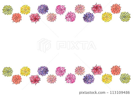 Illustration M of large carnations lined up in two tiers drawn with water-based pen and transparent watercolor paint 113109486