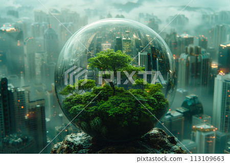 Against the background of a green city, there is a glass ball inside of which there are green trees and houses Against the background of a green city, there is a glass ball inside of which there are green trees and houses 113109663