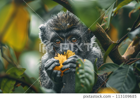 Thailand, a dark-faced monkey sitting in a tree and eating 113109685