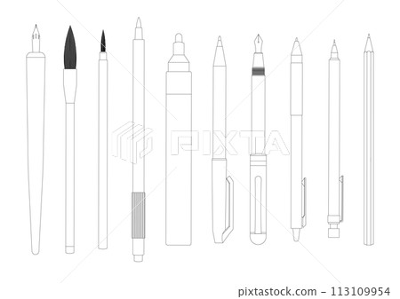 Line drawing illustration set of writing instruments 113109954
