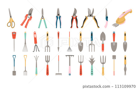Set of garden tools. Scissors, pruner, shovel, rake, pitchfork. Hand drawn vector illustration. 113109970
