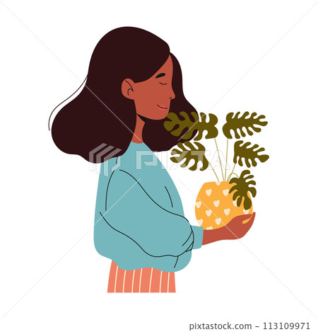 Cute girl holding a flower pot in her hands. Urban gardening. Vector illustration. Cute girl holding a flower pot in her hands. Urban gardening. Vector illustration. 113109971