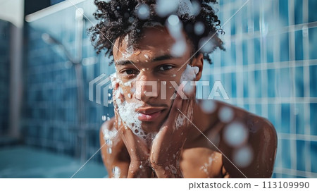 Young african american man washing face in shower Young african american man washing face in shower 113109990