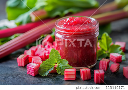 Jar of homemade rhubarb sauce. 113110171