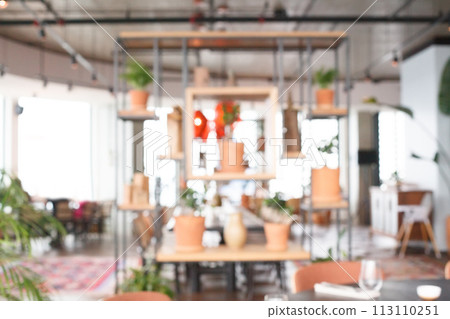 Vintage restaurant shop store interior, abstract blur background 113110251