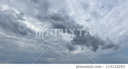 Cloudy gray sky with fluffy clouds, panoramic dramatic nature background Cloudy gray sky with fluffy clouds, panoramic dramatic nature background 113110265