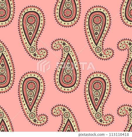 Colorful seamless pattern with yellow Paisley motifs on pink background Colorful seamless pattern with yellow Paisley motifs on pink background 113110418