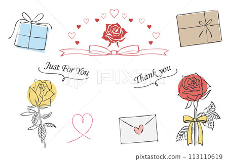 Hand drawn line drawing rose and gift illustration set 113110619