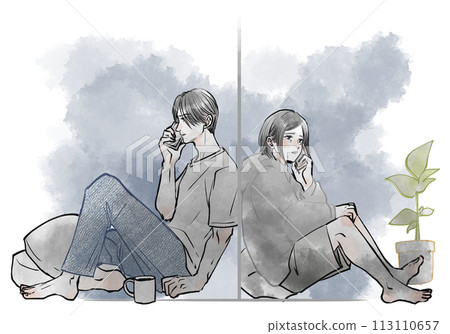 A man and a woman standing back to back talking on a smartphone 113110657