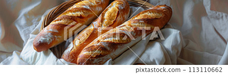 Freshly baked artisan sourdough breads in a woven basket, covered with a linen cloth 113110662