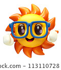 3D cute cartoon shining sun character mascot with glasses illustration. Summer concept 113110728