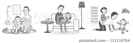 一位父親在客廳和孩子們玩耍、大聲讀書、洗澡。Ikumen。育嬰假。 一位父親在客廳和孩子們玩耍、大聲讀書、洗澡。Ikumen。育嬰假。 113110764