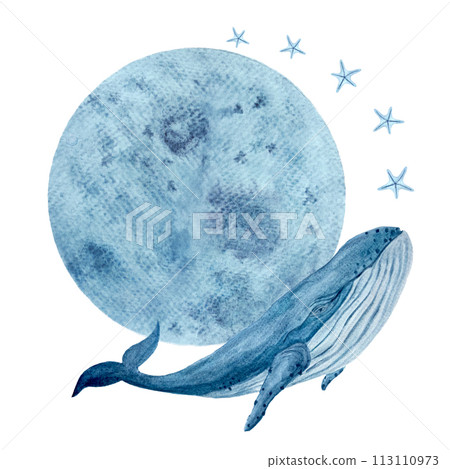 Watercolor hand-drawn humpback whale, a moon and starfish composition isolated on white Watercolor hand-drawn humpback whale, a moon and starfish composition isolated on white 113110973