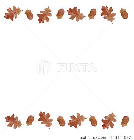 An oak leaf with an acorn watercolor horizontal frame isolated on white 113111037