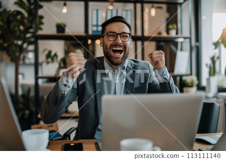 Confident Businessman happy executive colleagues partners having conversation discussing standing in Modern corporate office Confident Businessman happy executive colleagues partners having conversation discussing standing in Modern corporate office 113111140