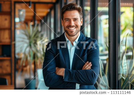 Confident Businessman happy executive colleagues partners having conversation discussing standing in Modern corporate office Confident Businessman happy executive colleagues partners having conversation discussing standing in Modern corporate office 113111146