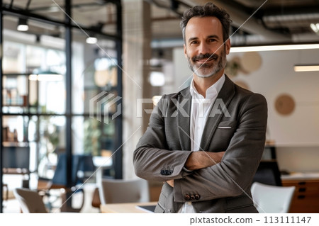 Confident Businessman happy executive colleagues partners having conversation discussing standing in Modern corporate office Confident Businessman happy executive colleagues partners having conversation discussing standing in Modern corporate office 113111147