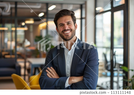Confident Businessman happy executive colleagues partners having conversation discussing standing in Modern corporate office Confident Businessman happy executive colleagues partners having conversation discussing standing in Modern corporate office 113111148