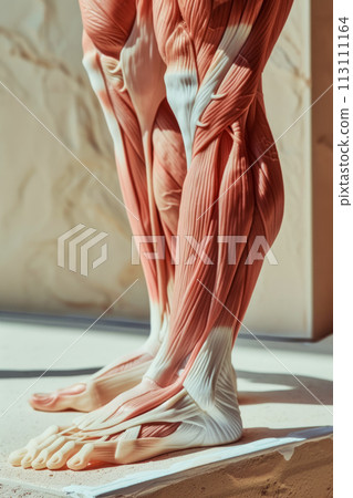 Detailed anatomical image of the muscles of the lower leg and foot, vertical poster for studying anatomy at an institute or college 113111164