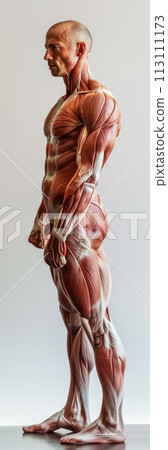Full length human anatomical model poster on white background, abstract model for college study, human muscle structure Full length human anatomical model poster on white background, abstract model for college study, human muscle structure 113111173