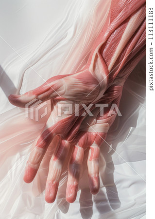 Anatomical texture of the muscles of an athlete's arm on a white background, an abstract model for studying the structure of human muscles Anatomical texture of the muscles of an athlete's arm on a white background, an abstract model for studying the structure of human muscles 113111183