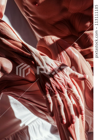 The structure of the muscle fibers of the hand and lower leg abstract model on a white background, muscle tissue and fibers, studying anatomy in an institute or college The structure of the muscle fibers of the hand and lower leg abstract model on a white background, muscle tissue and fibers, studying anatomy in an institute or college 113111185