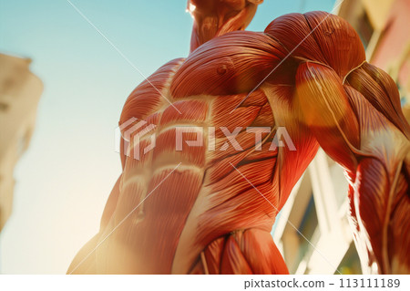 Waist anatomical structure of the torso of an abstract model, muscle tissue and fibers, muscle texture with high fiber detail, anatomy study at the institute Waist anatomical structure of the torso of an abstract model, muscle tissue and fibers, muscle texture with high fiber detail, anatomy study at the institute 113111189