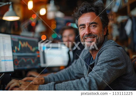 Confident Businessman happy executive colleagues partners having conversation discussing standing in Modern corporate office Confident Businessman happy executive colleagues partners having conversation discussing standing in Modern corporate office 113111225