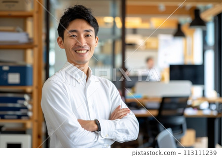 Confident Businessman happy executive colleagues partners having conversation discussing standing in Modern corporate office Confident Businessman happy executive colleagues partners having conversation discussing standing in Modern corporate office 113111239