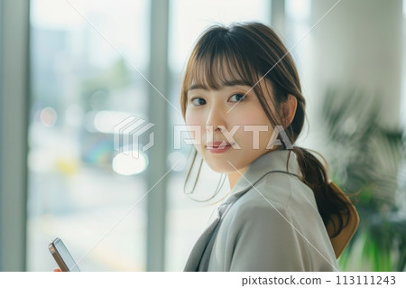 Confident Businessman  happy executive colleagues partners having conversation discussing standing in Modern corporate office 113111243