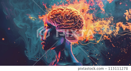 Burnout and overload of stress, flame explode out of a head and brain 113111278