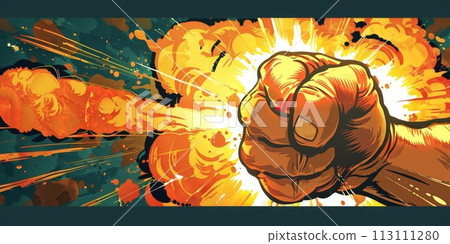 A strong punch, close up of hand with explosion effects around 113111280