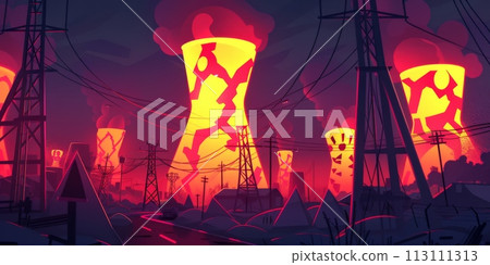 Nuclear power plant with large chimneys and reactors, generation of electricity by radiation 113111313