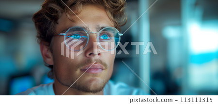 Close-up of a student in glasses looking attentively at the monitor, programming and analysis courses in a modern futuristic computerized university classroom, space for a concept about education 113111315