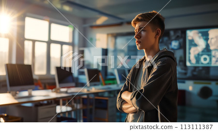 Portrait of a pensive high school boy against the backdrop of a computer class, the importance and accessibility of education and programming and the use of big data, copy space for concept Portrait of a pensive high school boy against the backdrop of a computer class, the importance and accessibility of education and programming and the use of big data, copy space for concept 113111387